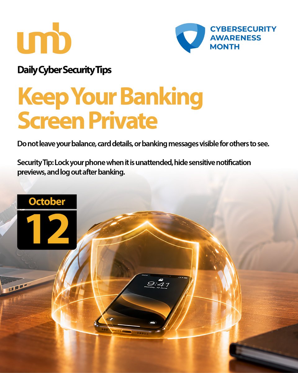 myumbbank's tweet photo. Who else can see your screen?
Don’t leave your balance, card details or banking messages visible for others to see.
Take a minute today to update your phone’s privacy settings.
#CyberSecurityAwarenessMonth #UMBCares #GoTheExtraMile #PrivacyMatters https://t.co/xmjzoHsU9x