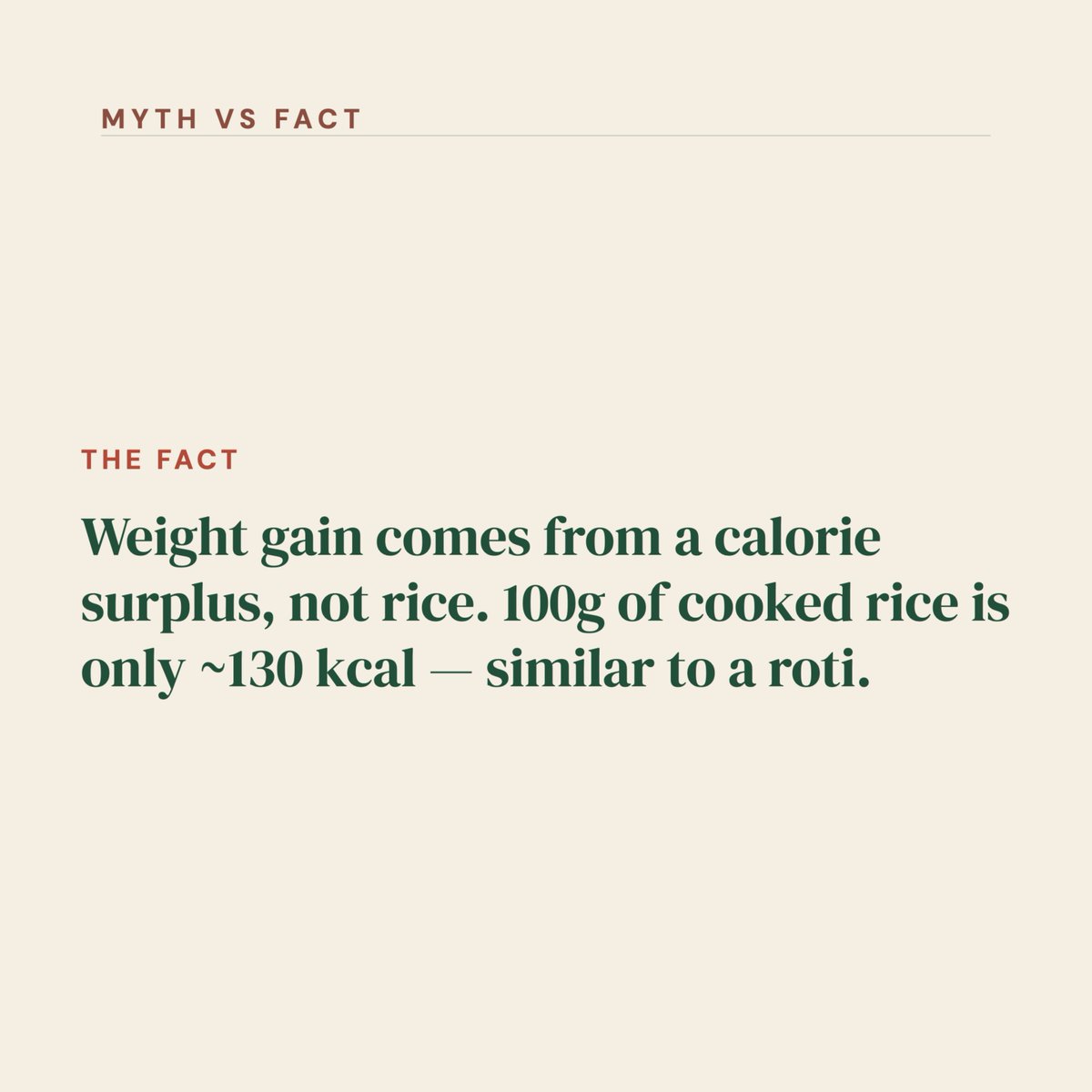 dobcyindia's tweet photo. Myth: cut rice completely to lose weight.
Fact: weight gain comes from a calorie surplus, not rice. 100g cooked rice is ~130 kcal, similar to a roti.
Watch portion and pairing instead.
Tag someone who thinks rice is the enemy.

#WeightLoss #IndianDiet https://t.co/WHnGucuqvd