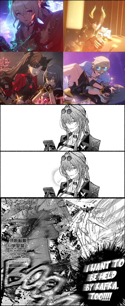 Mixedsnack's tweet photo. Kafka's reaction seeing Stelle being held by so many different characters!!! #StelKaf #HSR https://t.co/XMoWd06Nat