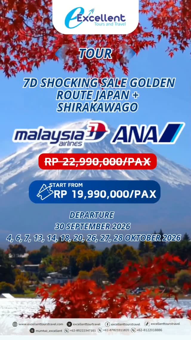 Jsantiago1945's tweet photo. GOLDEN ROUTE JAPAN SALE! 7D Japan + Shirakawago mulai Rp19, 99 juta/pax. Kunjungi Shirakawago, Mt. Fuji, dan Takayama Old Town. Keberangkatan Sep–Okt 2026. Seat terbatas, reservasi sekarang! https://t.co/bxX7CyR1yP