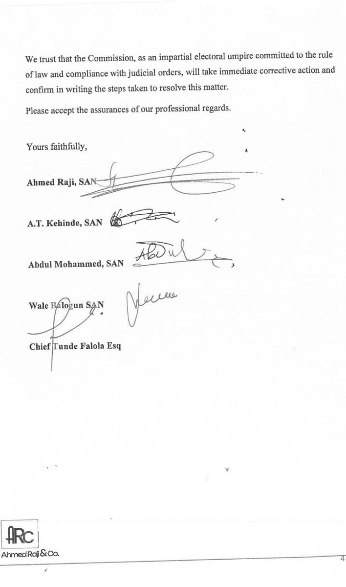 ProfIsaPantami's tweet photo. AHMED RAJI & CO.
BARRISTERS | SOLICITORS | ARBITRATORS | CONSULTANCY

12th October, 2026

The Chairman,
Independent National Electoral Commission, (INEC)
Plot 436, Zambezi Crescent,
Maitama,
Abuja.

Sir,

UNLAWFUL AND UNEXPLAINED OMISSION OF THE NAME OF PROFESSOR ISA ALI IBRAHIM THE NOMINATED CANDIDATE OF THE PDP FROM THE FINAL LIST OF CANDIDATES FOR THE OFFICE OF GOVERNOR OF GOMBE STATE FOR THE 2027 GENERAL ELECTIONS - DEMAND FOR IMMEDIATE PUBLICATION WITHIN THREE (3) DAYS

We act as Solicitors to Professor Isa Ali Ibrahim and the Peoples Democratic Party (PDP) (hereinafter referred to as “our Clients”) and on their firm instructions, write in respect of the publication by the Commission on the 10th day of October, 2026 of the Final List of Candidates for the 2027 general elections from which the name of PROF ISA ALI IBRAHIM, the duly nominated candidate of the PDP for the office of Governor of Gombe State, was omitted without any reason being given.

Professor Isa Ali Ibrahim is a duly registered member of the PDP at Pantami Ward, Gombe State. The updated PDP membership register (containing his name) was duly submitted to the Commission. (See Annexure A hereto). He purchased the Expression of Interest and Nomination Forms of the PDP for the gubernatorial primary; After screening and clearance, he participated in the governorship primary election of the PDP, Gombe State, emerging as the winner on the 26th day of May, 2026. Thereafter, the PDP submitted his personal particulars (Form EC9) to the Commission on the 8th day of August, 2026 pursuant to Section 29(1) of the Electoral Act, 2026, and the Commission published his name on the 29th day of August, 2026 pursuant to Section 29(3) of the Act. Up to this point, no step was taken by the Commission to question any aspect of his emergence.

The primary of 26th May, 2026 was thereafter challenged in Suit No. FHC/GM/CS/9/2026 between Usman Aliyu (Garry) v. PDP & 2 Ors and Suit No. FHC/GM/CS/10/2026 between Khamisu Ahmed & Anor v. PDP & 2 Ors before the Federal High Court, Gombe. The Second and fourth questions submitted for determination, respectively in the Originating Summons squarely challenged the membership of Isa Ali Ibrahim, contending that his name not being in the PDP register submitted to the Commission, he was ineligible to contest the primary. Those issues were fully litigated on affidavit evidence and determined.

At pages 57 of the judgment in Suit No. FHC/GM/CS/9/2026, the Court held, in terms thus:

“I therefore find that the Plaintiff has not established that the 3rd Defendant was legally incapable of being recognised by the 1st Defendant as its member. Accordingly, question two is resolved against the Plaintiff. Question four concerns whether the 3rd Defendant validly emerged as the 1st Defendant's gubernatorial candidate having regard to Sections 177(c) and 228(b) of the Constitution. Section 177(c) requires a person seeking election as Governor to be a member of, and sponsored by, a political party. I have already resolved the issue of membership against the Plaintiff. The remaining question is therefore whether the 3rd Defendant derived valid sponsorship from the nomination process of the 1st Defendant. That question has substantially been answered under questions one and three”.

Equally in Suit No. FHC/GM/CS/10/2026 the Court resolved Questions 1, 2 and 3 in favour of the Plaintiff, but resolved Question 4 - the membership and eligibility of Isa Ali Ibrahim against the Plaintiff. At pages 65-66 of the judgment, the Court held, in terms thus:

Page 2 next: