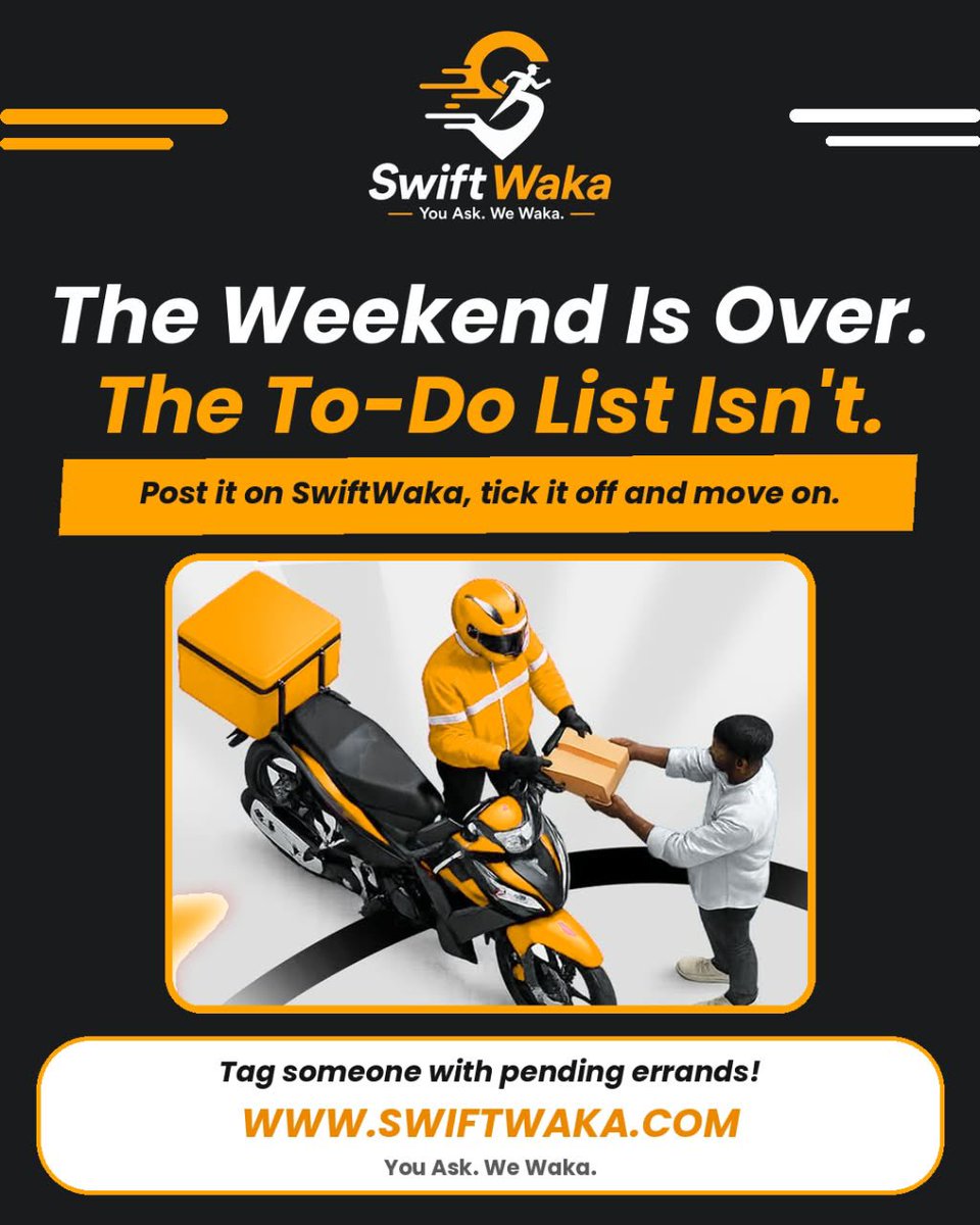 Swiftwaka's tweet photo. weekend is over, but your errands don’t have to slow you down

From deliveries to shopping, SwiftWaka helps you get things done with ease.

You ask. We Waka. 
🌐 https://t.co/JOb66MbHM2⁠

#SwiftWaka #YouAskWeWaka #MondayMotivation https://t.co/F8uQpt8AXo