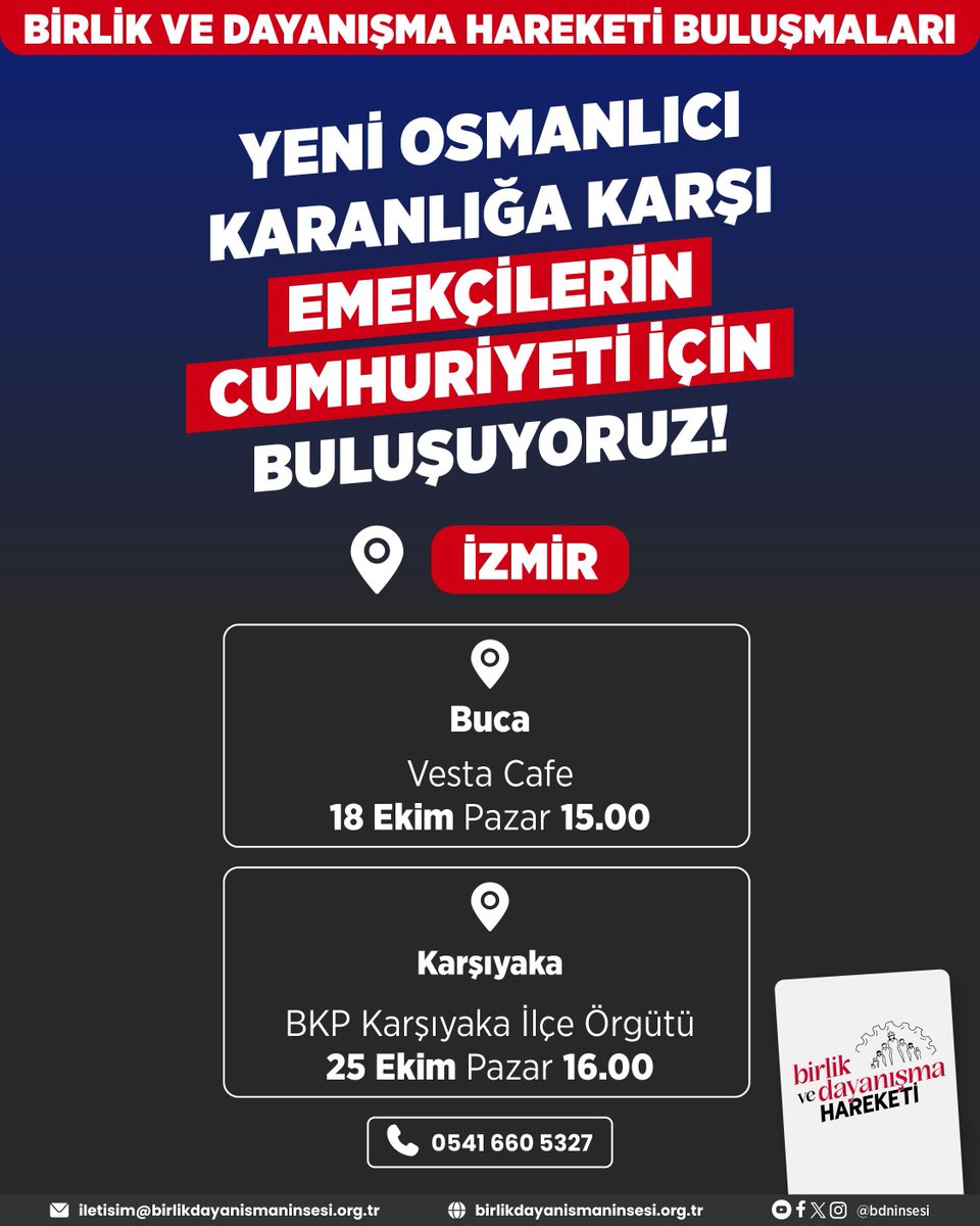 bdninsesi2's tweet photo. Yeni Osmanlıcı Karanlığa Karşı Emekçilerin Cumhuriyeti İçin Buluşuyoruz!

ABD’sinden AKP’sine, Tom Barrack’ından düzenin sahte umutlarına kadar herkes yeni Osmanlıcılıkta birleşmiş durumda. Bölgemizi ve ülkemizi emperyalizmin at koşturduğu, gericiliğin palazlandığı, sömürünün derinleştiği bir karanlığa sürüklemek istiyorlar. 

Yeni Osmanlıcılık, emperyalizmin ve siyonist İsrail rejiminin adımlarına ortak olmak demektir.

Yeni Osmanlıcılık, yurttaşlık haklarının ortadan kaldırıldığı bir istibdat rejiminin tescillenmesi anlamına gelmektedir.

Yeni Osmanlıcılık, patronların kar hırsı için emekçilerin yoksullaşması, emekçi çocuklarının Mesemlerde öldürülmesi, emeklilerin yaşamdan koparılması demektir. 

Yeni Osmanlıcılık, kadınların gericilik ve şiddet sarmalıyla kuşatılması demektir. 

Bize emekçilerin Cumhuriyeti gerek!

Ülkemize, geleceğimize, haklarımıza sahip çıkmak için emekçilerin birlik ve dayanışmasının yükseltilmesi gerek!

Yeni Osmanlıcı karanlığa karşı memleketimiz ve geleceğimiz için buluşuyoruz. Birlik ve Dayanışma Buluşmaları’na tüm emekçileri davet ediyoruz!