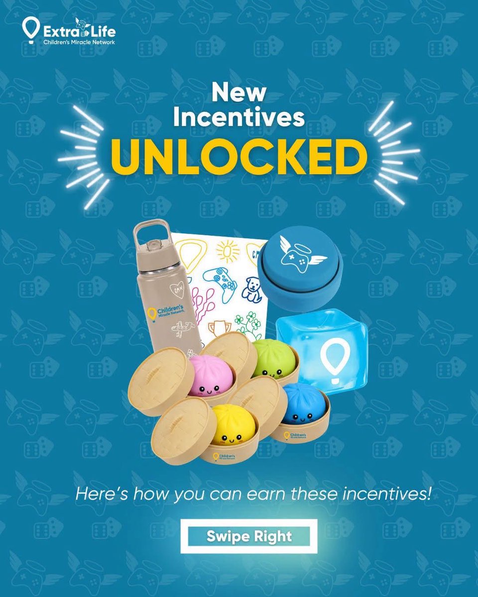 ExtraLifeSTL's tweet photo. Extra Life incentives have entered the chat! 🤩 This year, Extra Lifers can unlock a few extra items as you fundraise for kids. 🎮🎲

💙 Register today at https://t.co/Cxy8OClM01
🏥 Select to game for St. Louis Children's Hospital or Cardinal Glennon Children's Hospital. https://t.co/zi8fHDir29