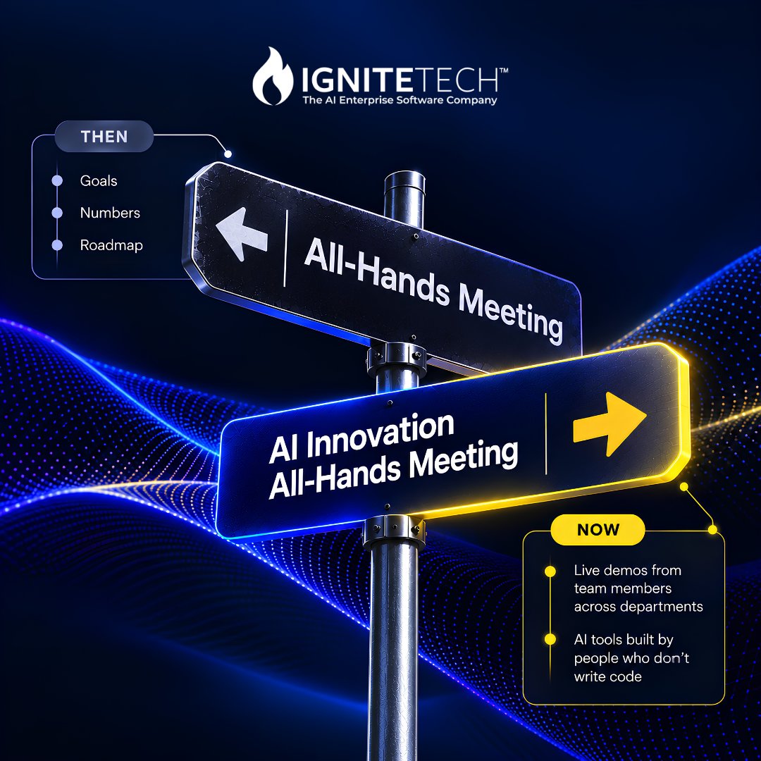 IgniteTech's tweet photo. In 2023, @TheGenAICEO replaced our usual all-hands agenda with a gift: AI tools, training and time to learn.

Now, team members across @IgniteTech demo what they've built with AI at our monthly AI Innovation All-Hands.

How it started: https://t.co/oavsm8hb0q

#IgniteTech #AIDNA https://t.co/aQiNGquZbQ