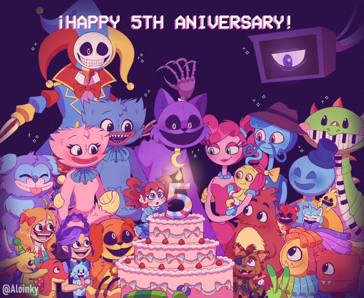 alo_inky's tweet photo. Happy 5th anniversary Poppy Playtime!! :D🎉🎀❤️💙💛✨🌹

(I put a lot of love and effort into this drawing 🥲💖)

#poppyplaytime  #poppyplaytimefanart #poppyplaytimechapter5 #prototype1006 #huggywuggy #kissymissy https://t.co/iXEUjNCsX9