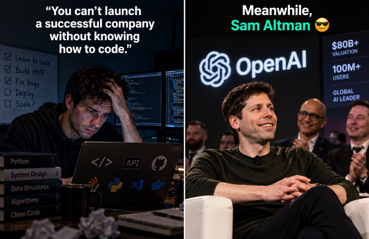 Silencio_Off's tweet photo. The biggest myth in tech? 

That you need to be a great programmer to build a billion-dollar company.

Coding is a skill. Building a company is a completely different game.

Vision, execution, leadership, and knowing how to bring the right people together matter just as much.

Sam Altman is a pretty good example 😎