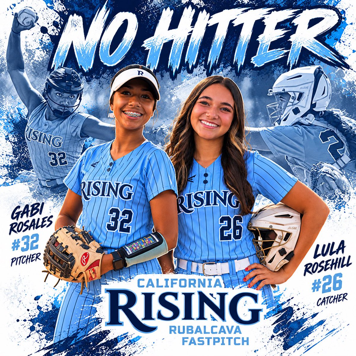 RisingRubalcava's tweet photo. BIG-TIME PERFORMANCE by Gabi Rosales #32 and Lula Rosehill #26 as California Rising throws a NO-HITTER against LTG Madrigal! 

Gabi was dealing in the circle, and the defense came ready to compete! 💥 Lula held it down behind the plate, helping lead the way in a HUGE team effort! https://t.co/3FAsV9BRk3