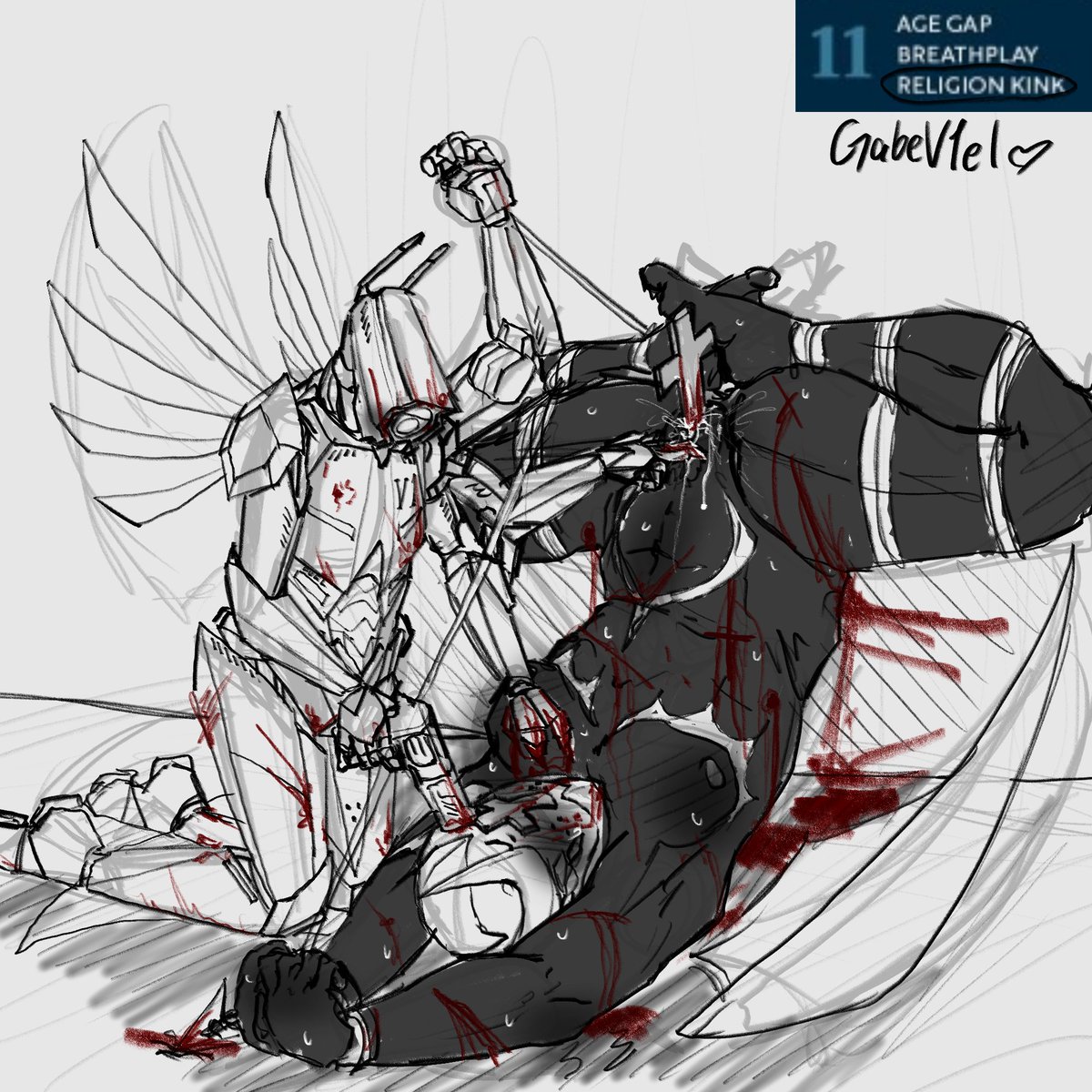 FreaksFuntime's tweet photo. Day 11 of #kinktober i Finally switch it up by drawing #ultrakill to be specific #GabV1el which- well- with a theme like "Religion Kink" how could i not draw #Gabriel and #V1? Slight gore TW, given the subjects, it's to be expected https://t.co/0HVoEPFD7n