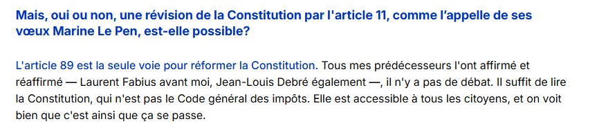 Pierre_GTIL's tweet photo. Pour la première fois, à ma connaissance, Richard Ferrand a affirmé avant-hier que Marine Le Pen ne pourrait pas utiliser l'article 11 de la Constitution pour réviser celle-ci.

Ces propos sont évidemment gravissimes. Sans surprise, Richard Ferrand renie ainsi la promesse qu'il avait faite lors de sa nomination, lorsqu'il déclarait que le Conseil constitutionnel n'était pas un pouvoir constituant.

Pourtant, il vient d'affirmer que le peuple ne pourrait pas réviser sa propre Constitution par référendum (article 11).

Toutefois, une chose est d'exprimer un avis (rappelons à Richard Ferrand, d'une part, son devoir de réserve et, d'autre part, qu'il n'est qu'1/9 membres du Conseil constitutionnel), une autre est de prétendre pouvoir s'opposer à un tel référendum. Le Conseil constitutionnel est garant de la conformité des lois à la constitution. Il ne dispose pas du pouvoir de substituer son analyse des domaines de l'article 11 en lieu et place du président de la République (il s'agit d'un pouvoir propre). S'il commettait une pareille folie, il commettrait une violation de la constitution et de la souveraineté populaire. 

Il appartiendra au président de la République, une fois élu dans quelques mois, de rappeler, si besoin est, à ceux qui prétendent confisquer la volonté populaire que le peuple français est le maître de sa Constitution et que le président de la République en est le gardien (article 5).

Il reste encore quelques mois au président du Conseil constitutionnel pour ravaler son orgueil et laisser le peuple souverain s'exprimer.
