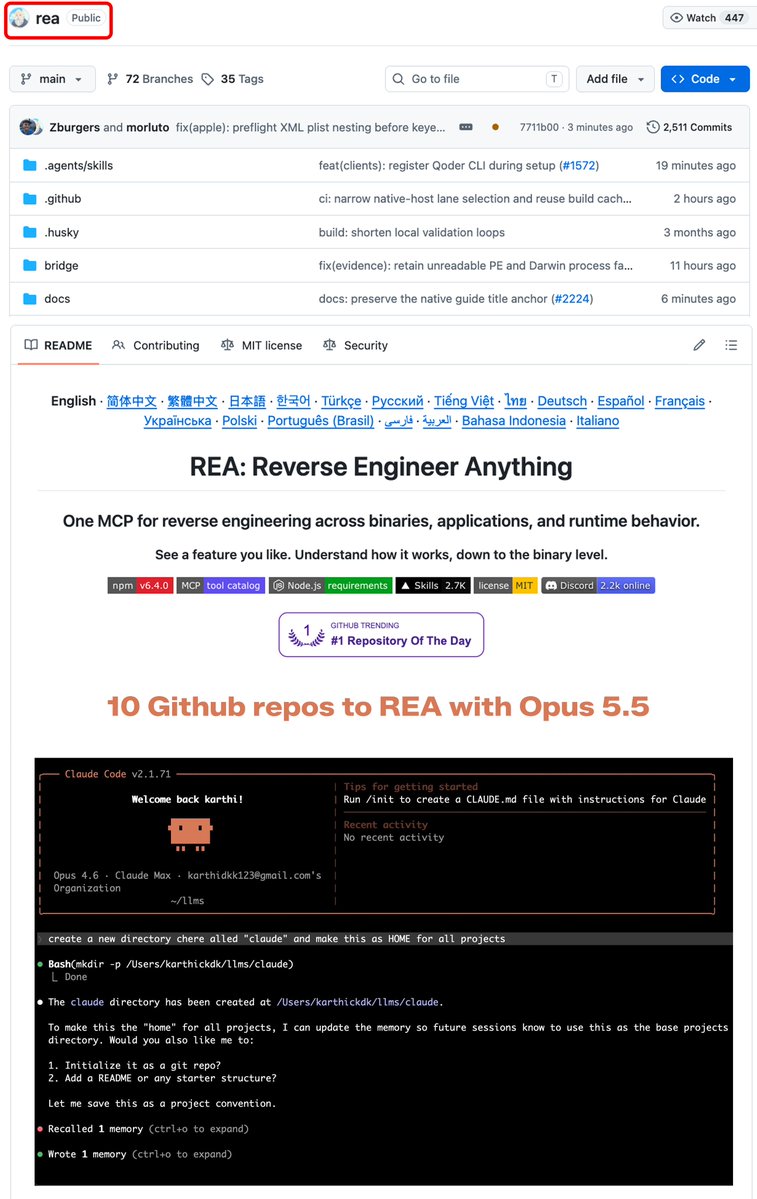 0xMovez's tweet photo. Closed-source sky has fallen...

these 10 GitHub REA repos  let your AI agent reverse engineer any apps, game or tool on any device

send to your Claude: 

• REA (130K stars ) - one MCP for RE: binaries, Electron, .NET, Android, websites.

⮡  https://t.co/X6at3ZQaKd

• Ghidra (84K stars ) - NSA’s free decompiler. Core of most AI RE setups.

⮡  https://t.co/a9mTsOL5YB

• ImHex (55K stars ) - hex editor with MCP server for agent file inspection.

⮡  https://t.co/bGdgJiRZkr

• mitmproxy (45K stars ) - intercepts traffic, maps hidden APIs.

⮡  https://t.co/JKlRCEAMsb

• ILSpy (27K stars ) - .NET → C# decompiler.

⮡  https://t.co/I1t0GovNgG

• Frida (22K stars ) - Runtime hooking for desktop/mobile. CLI-scriptable.

⮡  https://t.co/HMlvWdftSv

• GhidraMCP (11K stars ) - agent bridge. Headless or GUI.

⮡  https://t.co/G9tgudSYJj

• Android RE Skill (8K stars ) - APK → decompiled code + API endpoints.

⮡  https://t.co/lrM6fosUJB

• Universal Modder (7K stars ) - Agent skills for modding PC games.

⮡  https://t.co/V5yPmcdHhE

• Cpp2IL (3K stars ) - Unity C++ → .NET for ILSpy. WIP.

⮡  https://t.co/cq7Kie7XEq

Send this to your Claude, then explore how to reverse engineer anything with Opus 5.5 below.