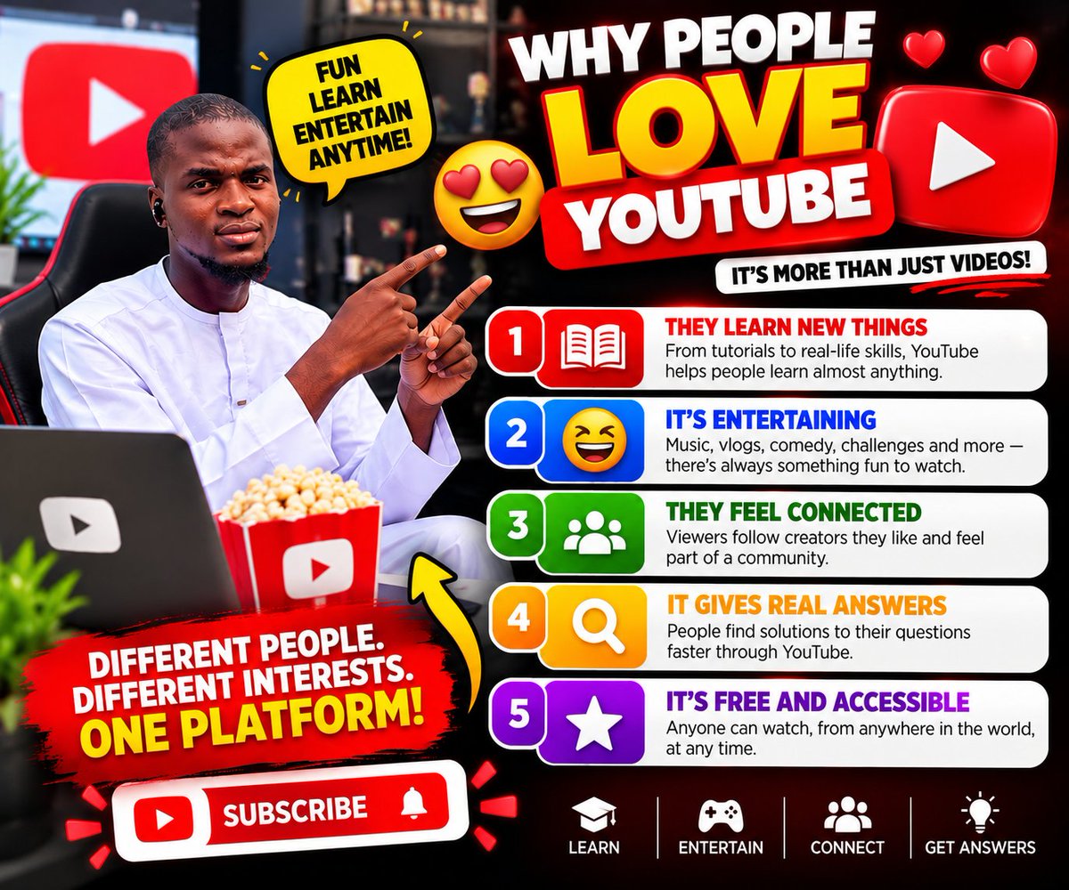 SmartMoneySegun's tweet photo. 😂❤️ BE HONEST… HOW MANY HOURS DO YOU SPEND ON YOUTUBE? 🎬

You open YouTube to watch ONE video… and suddenly, you've watched a tutorial, a comedy video, a music video, and three videos you never planned to watch! 😂🍿

But that's the beauty of YouTube. https://t.co/VKgPxp9nsY