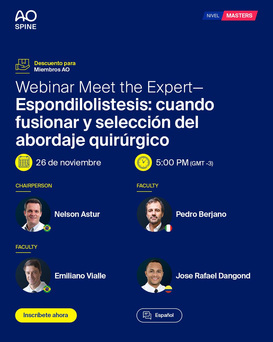 AOSpine's tweet photo. Webinar Meet the Expert—Espondilolistesis: cuando fusionar y selección del abordaje quirúrgico
🗓️  26 de noviembre
➡️  https://t.co/yKuisQ21z1 https://t.co/0zDr8rjROP