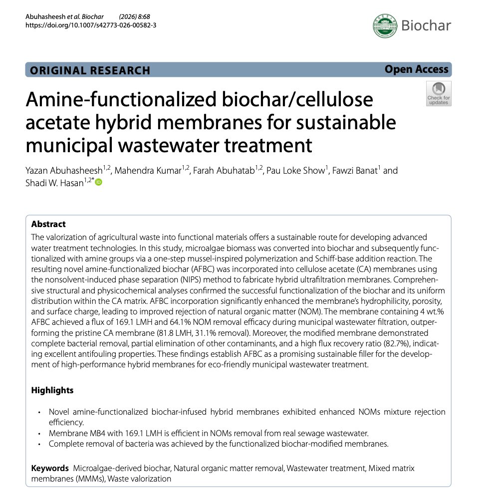 Biochar5's tweet photo. This is a paper from Biochar journal, please read and help publicize it, thank you for your kind attention！
Keywords：Microalgae-derived biochar, Natural organic matter removal, Wastewater treatment, Mixed matrix membranes (MMMs), Waste valorization
https://t.co/f6PNYpPrY3 https://t.co/wIRFKDYlM3