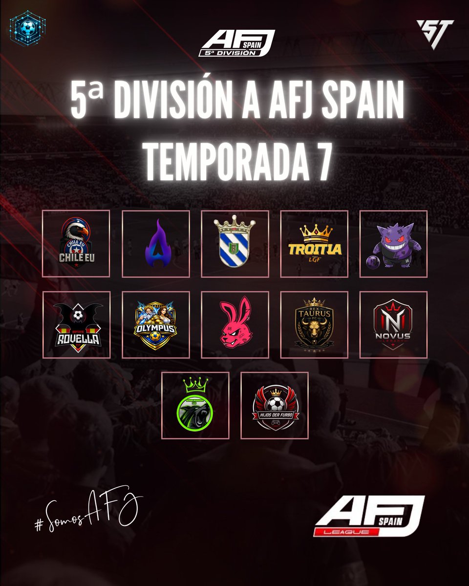 AFJSpain's tweet photo. 🏆 ℚ𝕌𝕀ℕ𝕋𝔸 𝔻𝕀𝕍𝕀𝕊𝕀𝕆ℕ 𝔸

#ChileEU
@Arcane__eSports 
@BiotaFC 
@TroiT1FC 
@mododiablo_fc 
@ROVELLA_ESPORTS 
@OlympusX_ 
@EvilRabbitsFC 
@RexTaurusFC 
@NOVUSGamingES 
@BarriadaSur 
@Hijosderfurbo 

#𝐒𝐨𝐦𝐨𝐬𝐀𝐅𝐉 https://t.co/qxzJ8yiWJq