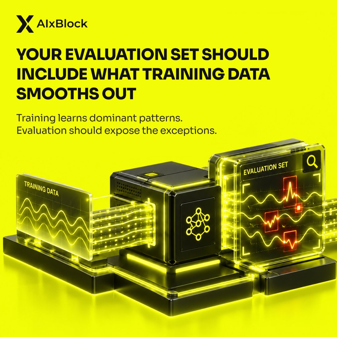 AIxBlock's tweet photo. Training data and evaluation data should not be optimized for exactly the same thing.

Training data often helps a model learn the dominant patterns in a task.
Evaluation data has a different job:
find the conditions where those patterns stop being enough.

For a voice model, that may mean testing:
• background noise
• unfamiliar accents
• reverberation
• distance from the microphone
• interruptions or overlapping speech

For an LLM, it may mean:
• ambiguous instructions
• incomplete context
• conflicting evidence
• domain-specific terminology
• requests that require refusal or escalation

If your evaluation set mostly looks like the cleanest parts of your training set, a strong score can hide weak deployment behavior.
A useful evaluation set should deliberately include the conditions production will expose — especially the ones training data tends to smooth out.

The question is not only:
“How accurate is the model?”
It is:
“Under which conditions does accuracy break?”
That is the information teams need before deployment.

AIxBlock supports custom evaluation datasets designed around real deployment conditions, edge cases, and measurable failure modes.
#ModelEvaluation #DataQuality #AIData #EnterpriseAI #MLOps