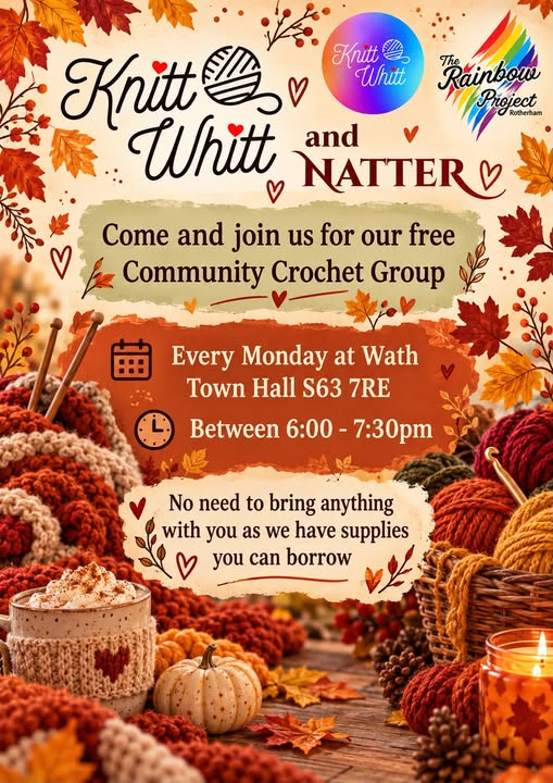 Stag_RosePPG's tweet photo. #monday #crochetinspiration #FREE Community Group

🧶 Knitt Whitt 🧶 Wath Town Hall, S63 7RE- 6pm - 7.30pm

ALL yarn enthusiasts welcome; complete beginners OR yarn experts!

#crochet #company #communityevent #CommunityUnity
The Rainbow Project - Rotherham https://t.co/aDo65O3pwF