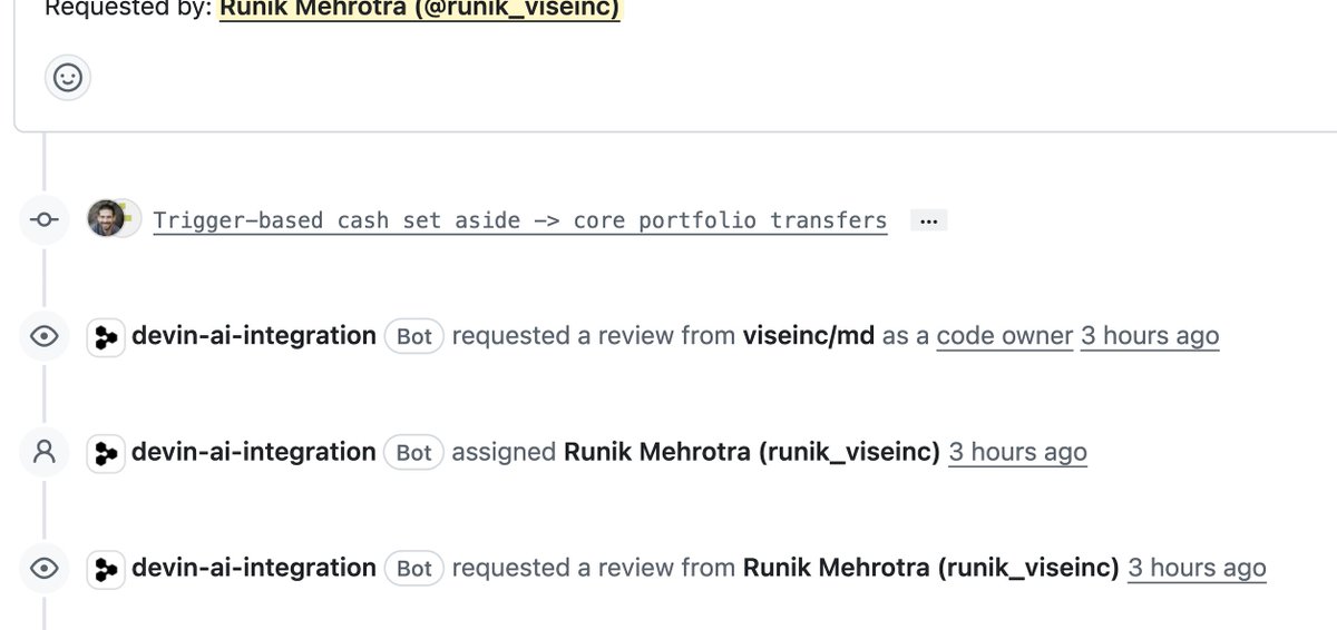 RunikM's tweet photo. Using @cognition  to create a quick PR and saw a *real* Devin in my commits. Maybe Devin fusion is just this guy locked in a room pushing lots of code..... https://t.co/hmh6WJBF4Z