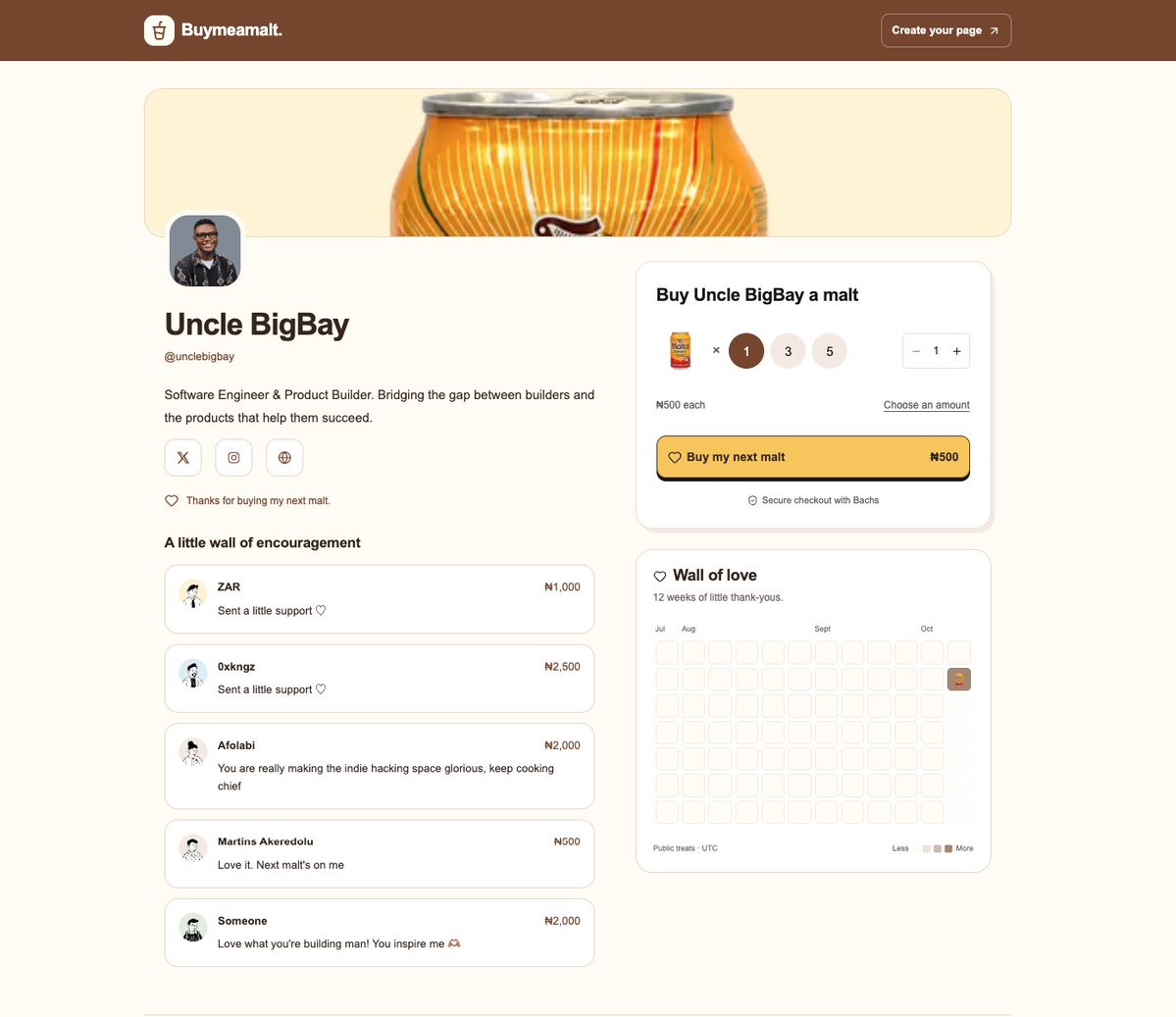 unclebigbay143's tweet photo. Omo, I wasn't expecting this much activity on the first day of BMM (Buy Me a Malt) 😭❤️

I even forgot to plug in https://t.co/oN8hCR6UiR until much later, but we already have:

👥 55 registered users
🥤 ₦20,000+ in treats processed
🏦 3 successful withdrawals

And I just checked Sabilytics, 26 people are currently online!

The most beautiful part is seeing people actually support one another through something I built.

Thank you all for the love, feedback and support so far.

We're just getting started! ❤️
Get your own page: https://t.co/8TevnTmaO9

Platform powered by @Dbriij and @bachs_hq