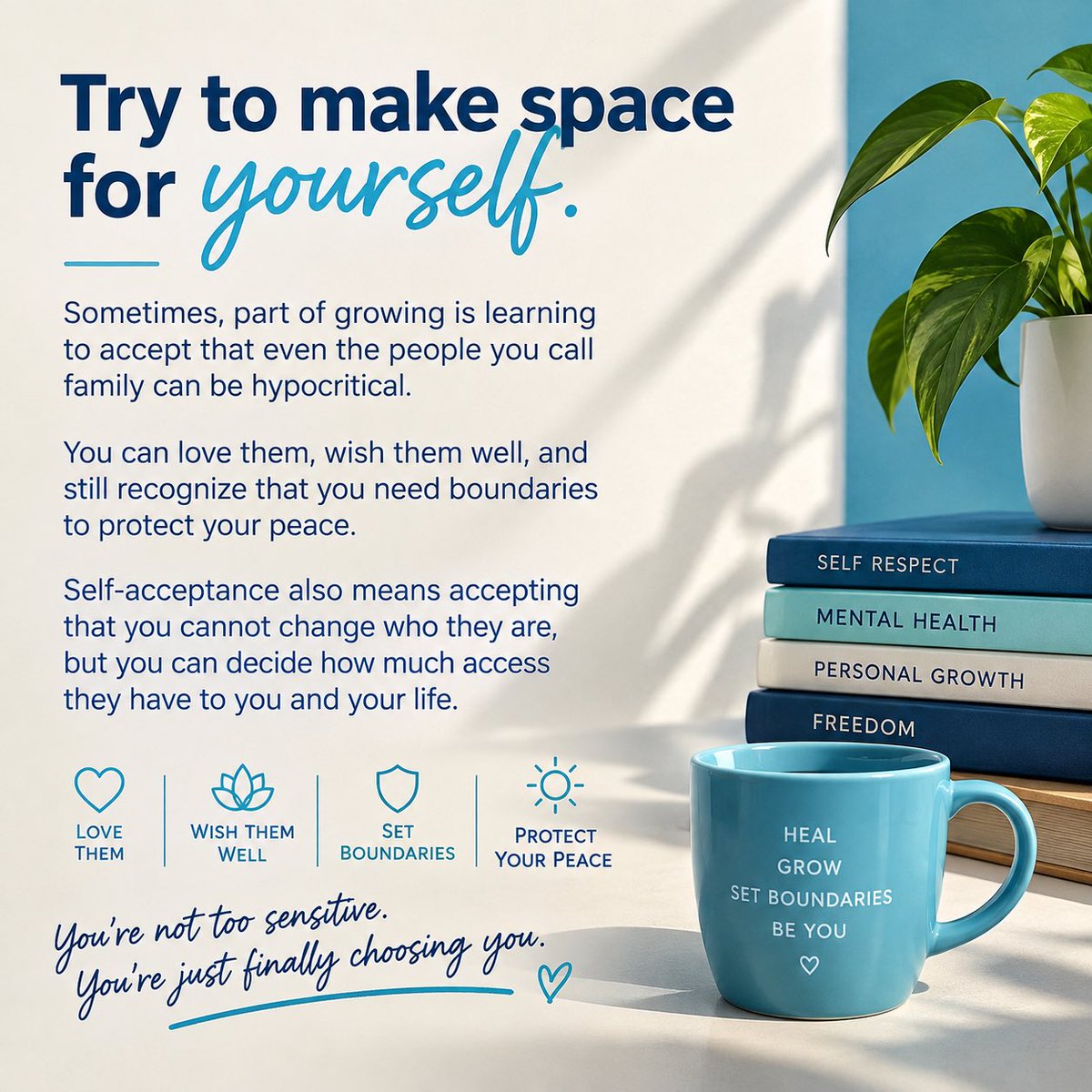 Quetegusta90441's tweet photo. Self-acceptance also means accepting that you cannot change who they are, but you can decide how much access they have to you and your life.
SELF RESPECT
MENTAL HEALTH
PERSONAL GROWTH
FREEDOM
LOVE THEM
WISH THEM WELL
SET BOUNDARIES
PROTECT YOUR PEACE
You're not too sensitive. https://t.co/7ush6aVBco