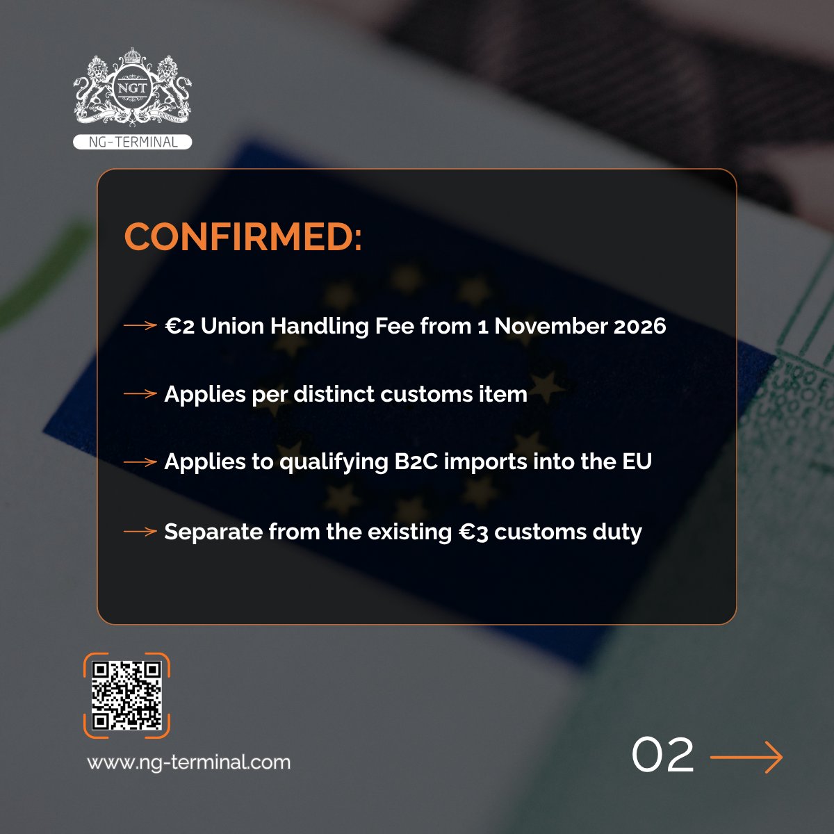 ng_terminal's tweet photo. The EU’s new €2 handling fee starts 1 Nov.

For eCommerce, the bigger issue is not the fee itself — it’s the impact on VAT, customs data, returns and reporting.

#NGTerminal #EUCustoms https://t.co/g8llXUBAm4