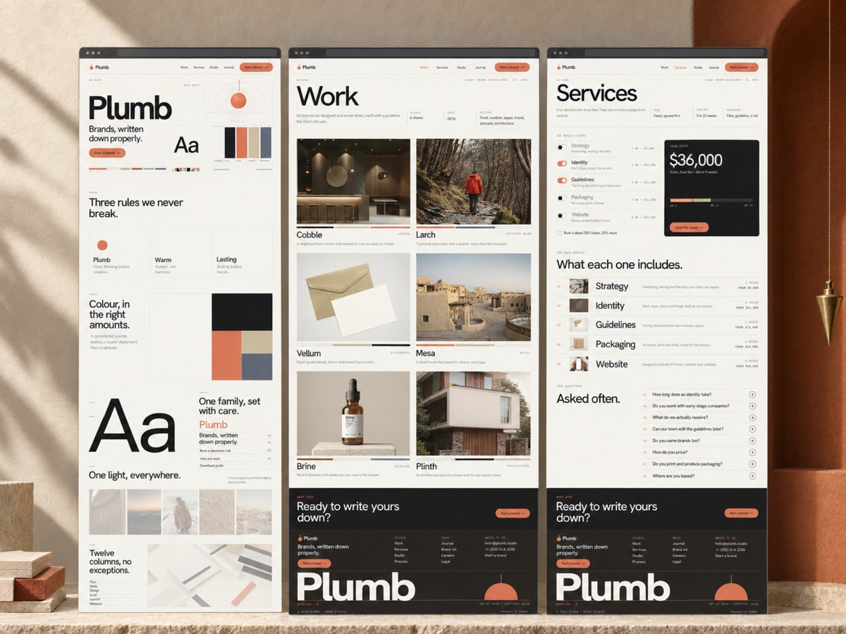 JohnNicholsonIO's tweet photo. Plumb, a studio website laid out like living brand guidelines.

Type specimens, colour swatches and a sun on a plumb line. The same warm palette runs through Work and Services.

My fictional Framer studio demo:
https://t.co/5vt71j8UVA

#Framer #WebDesign https://t.co/a7KF1B7hFK