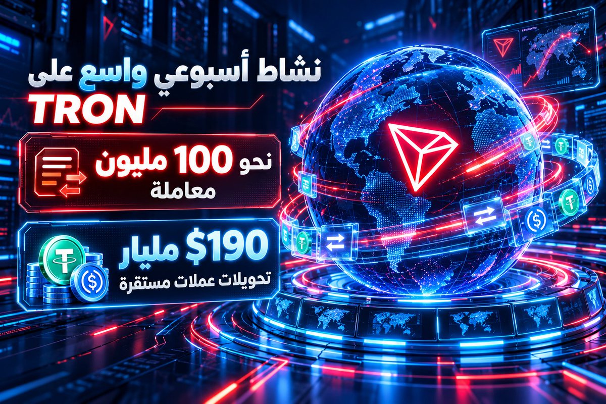 oh7ny's tweet photo. نشاط أسبوع واحد يقرّب TRON من 100 مليون معاملة.

بحسب تقرير Crypto Briefing، الشبكة اقتربت من تسجيل 100 مليون معاملة أسبوعيًا، مع معالجة تحويلات عملات مستقرة وصلت إلى $190 مليار في الأسبوع.

الرقمان بيقيسوا حاجتين مختلفتين: عدد المعاملات وحجم تحويلات العملات المستقرة، لكنهم مع بعض بيوضحوا حجم النشاط على الشبكة.

#TGF #TRONGlobalFriends #TRON