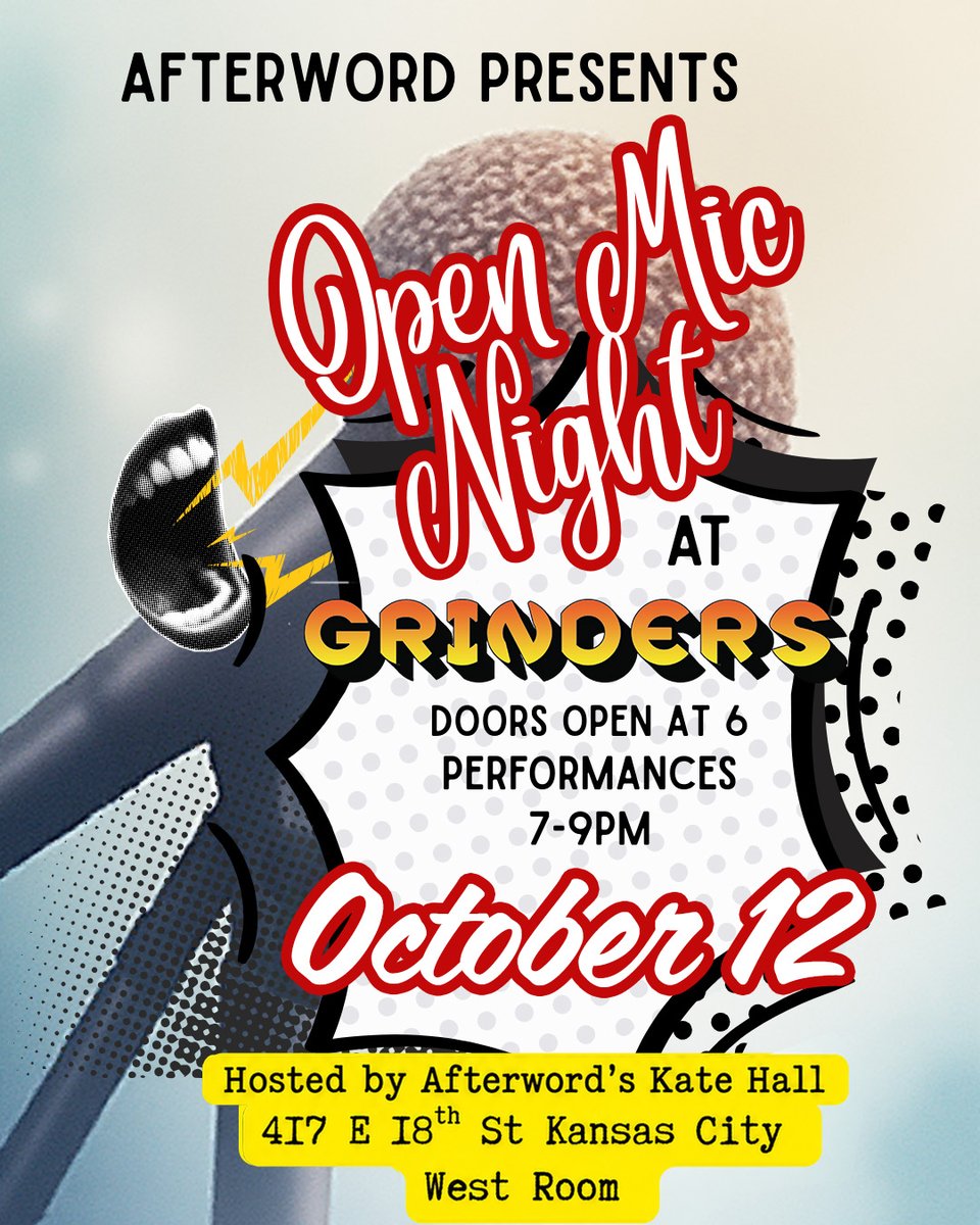 GrindersPizzaKC's tweet photo. Another awesome edition of Open Mic Night 🎤 tonight! @afterwordkcmo Kate Hall hosts an evening of stories, spoken word, poetry, monologues, &amp; more.
Share or just observe, either way you’ll be glad you came. Plus, there will be Grinders grub 🍕 &amp; cocktails 🍹! https://t.co/6ddlxFRe7W