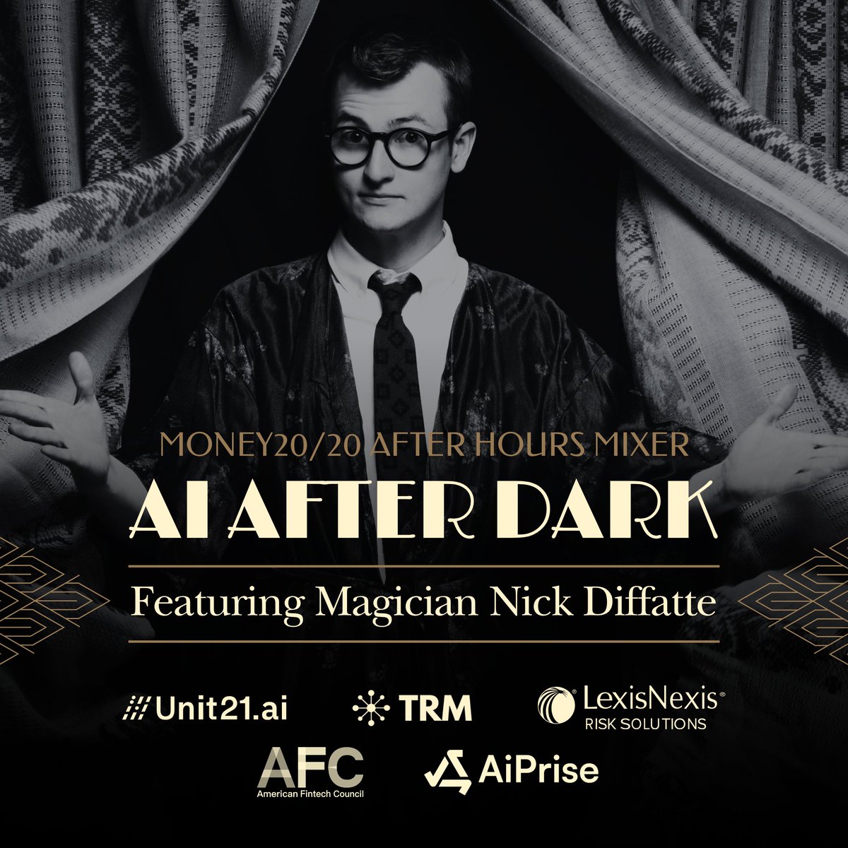 trmlabs's tweet photo. Join us for AI After Dark at #Money2020 with @unit21inc, @aiprise, @LexisNexisRisk, and @FintechPolicyUS for an evening of cocktails, close-up magic from Nick Diffatte, and conversation on AI, fraud, and compliance.

🗓 Tuesday, October 20 | 6:00pm–8:30pm PT
📍 Nomikai Speakeasy, The Venetian

RSVP: https://t.co/nHkLUtPLaw