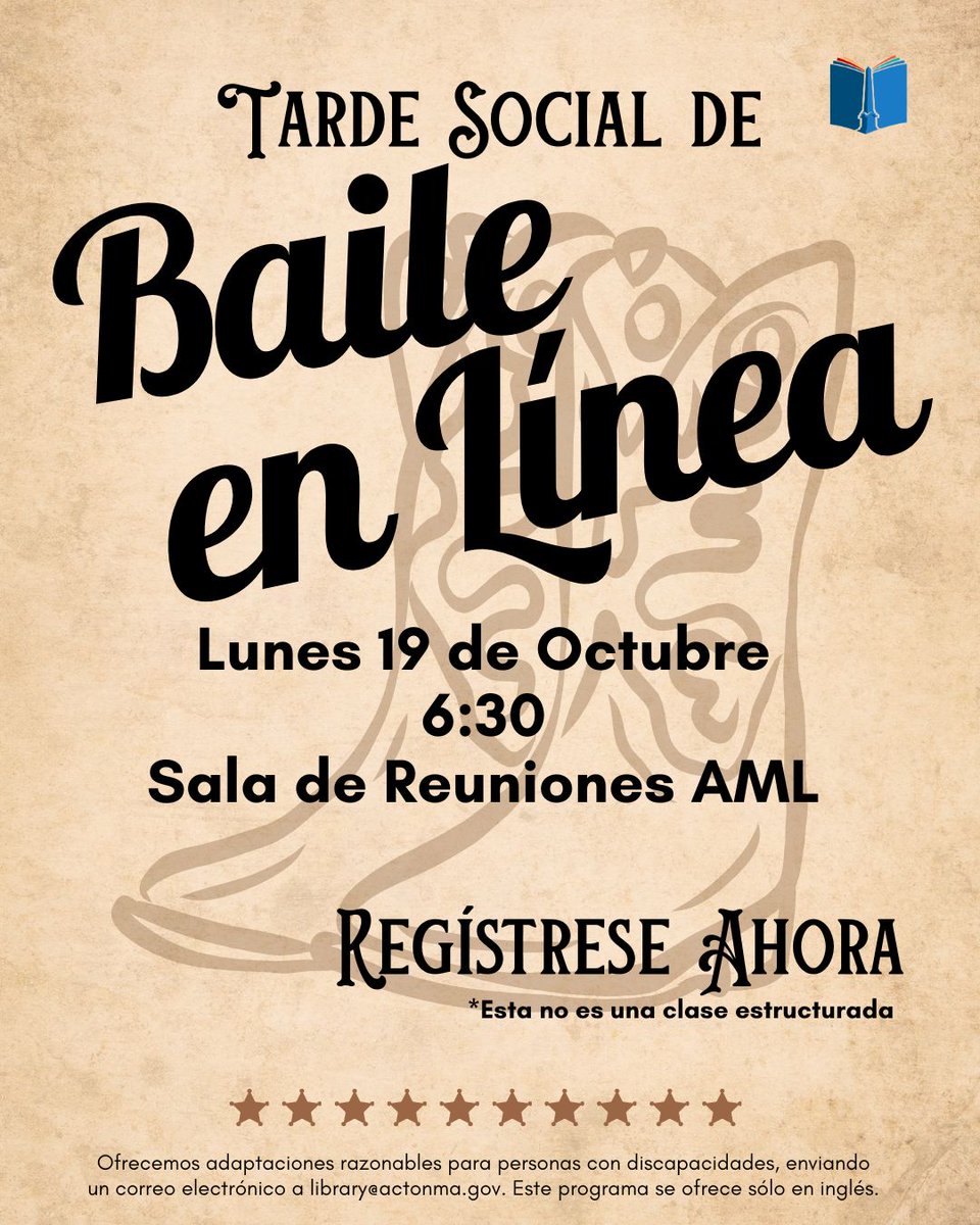 ActonMemLibrary's tweet photo. Join us next week for Line Dancing Social Hr! Mon, Oct 19, 6:30—7:30PM. AML Meeting Room. This is not a structured lesson, just an opportunity to dance socially with others. Sign up on the program page on our website here: https://t.co/HoEB7OyVIv 

See bio for accessibility info https://t.co/tDrXKlnBIu