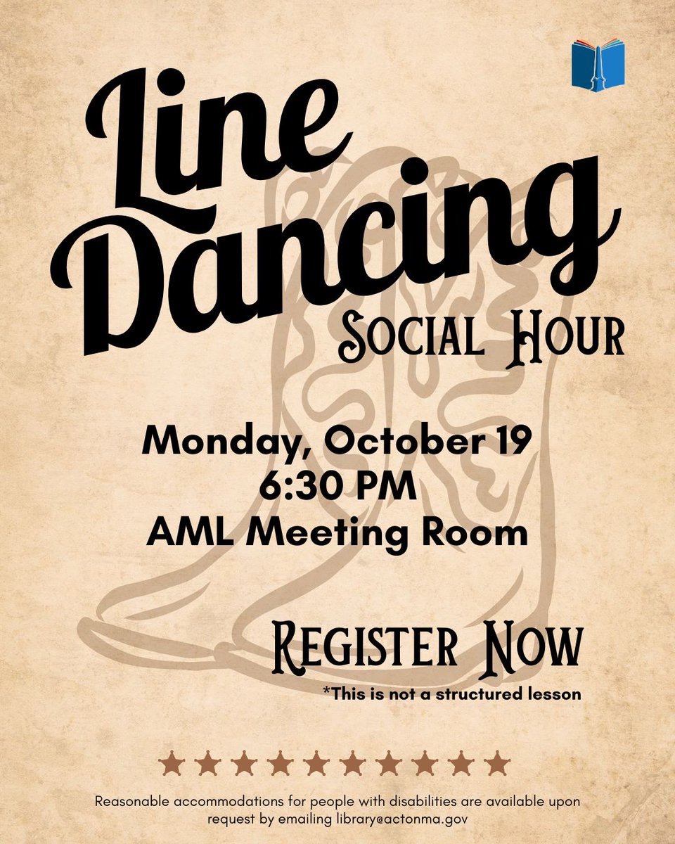 ActonMemLibrary's tweet photo. Join us next week for Line Dancing Social Hr! Mon, Oct 19, 6:30—7:30PM. AML Meeting Room. This is not a structured lesson, just an opportunity to dance socially with others. Sign up on the program page on our website here: https://t.co/HoEB7OyVIv 

See bio for accessibility info https://t.co/tDrXKlnBIu