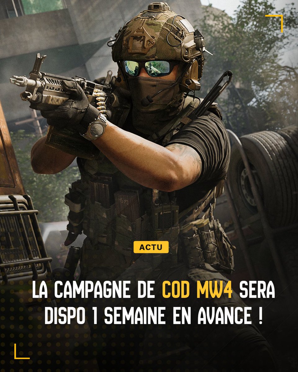 FuzeForge's tweet photo. Petite info pour ceux qui ont hâte de retourner sur le terrain 👀

La campagne de Call of Duty: Modern Warfare 4 sera jouable dès le 16 octobre, une semaine avant la sortie officielle.
Le plan ? Tu précommandes le jeu en version numérique sur Steam, Battle net, Xbox sur PC, PS5, Xbox Series ou Switch 2, et c’est réglé.

De quoi plier l’histoire tranquille avant de rejoindre les autres en multi le 23 🎮

C’est quoi ta campagne CoD préférée, toi ?