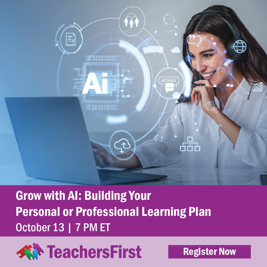 TeachersFirst's tweet photo. AI can do more than help plan your next lesson. Tomorrow, learn how to use it to support your goals, reflect on your practice, and build a professional learning plan grounded in research—not hype. 

https://t.co/SmqBNT14Jw
 #AIforEducators #AILiteracy #EdTech https://t.co/wvXWZrFJvp