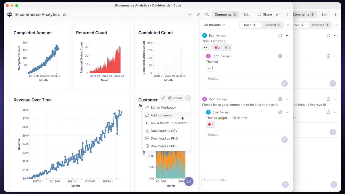 the_cube_dev's tweet photo. Cube now supports comments on Dashboards and individual charts. Reply in threads, mention teammates, react, and resolve discussions when they’re done. Keep questions alongside the data that prompted them: https://t.co/xqdnS3dCRj https://t.co/W0HXIz5MIA