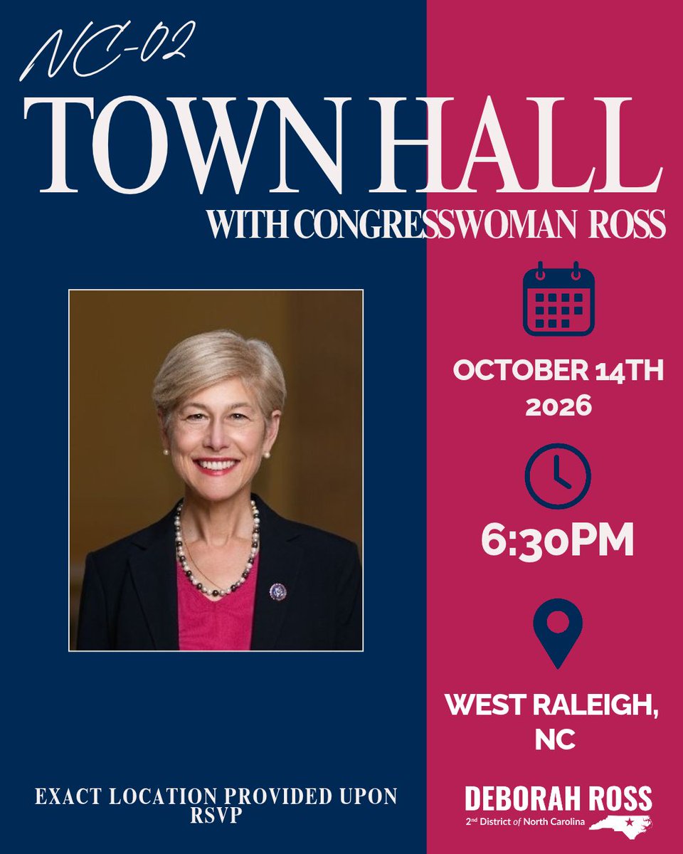 RepDeborahRoss's tweet photo. As our community faces rising prices on everything from healthcare to energy, I want to hear from you. I am hosting an in-person town hall this Wednesday, 10/14 at 6:30 PM in West Raleigh.

RSVP using the link below:

https://t.co/uvSwQvPU2r https://t.co/5d1Hr6cNdh