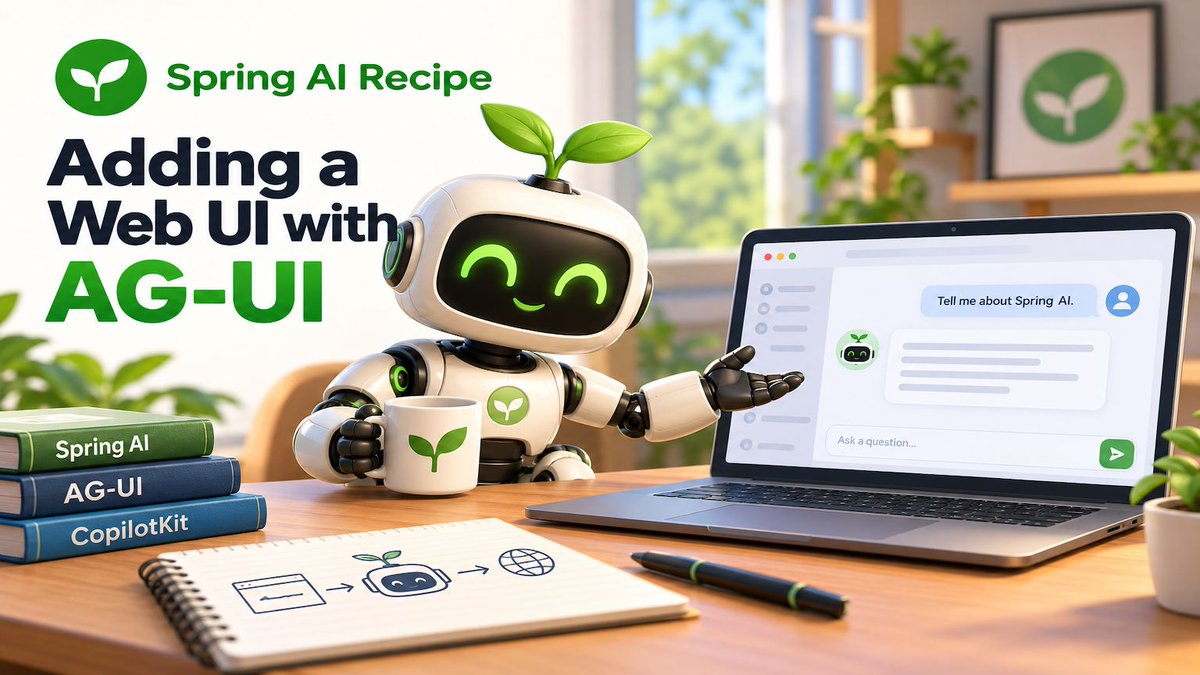 habuma's tweet photo. Give your Spring AI application a ChatGPT-like web interface with surprisingly little code!  AG-UI and CopilotKit make it easy to connect Spring AI to a polished React chat UI.

https://t.co/rsqXsMWSXg

#SpringAI #Java #AGUI #CopilotKit https://t.co/xIV9ptEoj0