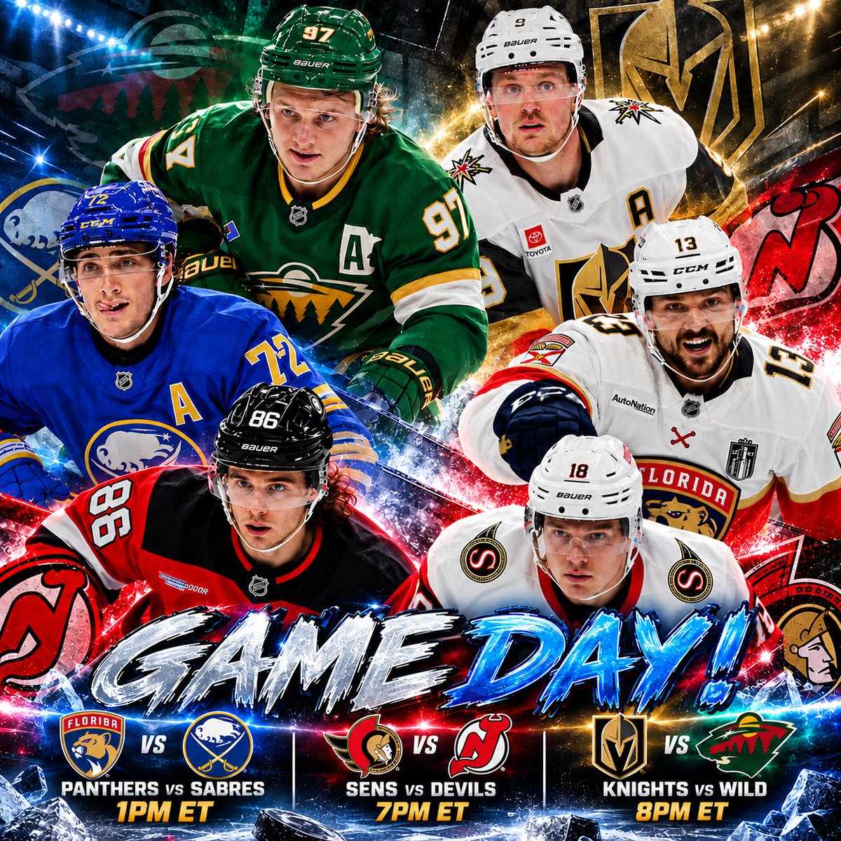Gner8Sports's tweet photo. GAME DAY! 
Check web app on our socials for all your NHL predictions for today's great day of hockey!

#flapanthers vs #letsgobuffalo

#gosensgo vs #njdevils

#vegasborn vs #mnwild

#timetogner8 https://t.co/qgTTxaqbH9