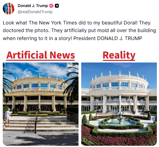 GuntherEagleman's tweet photo. 🚨 THE NEW YORK TIMES WROTE A HIT PIECE ABOUT TRUMP HOSTING THE G20 AT DORAL, AND THEY PICKED THE UGLIEST PHOTO THEY COULD FIND.

The Times admits the picture is from 2020. That makes it SIX YEARS OLD.

World leaders are about to see the real thing in person, and it looks NOTHING like the gloomy shot the Times went with.

They couldn't beat him on the substance, so they went after the paint.

FAKE NEWS.