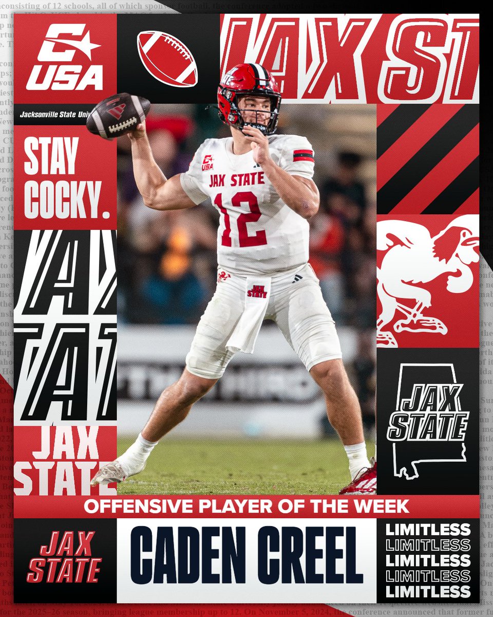 ConferenceUSA's tweet photo. 🏈 OFFENSIVE PLAYER OF THE WEEK 🏈

🏅2⃣ Caden Creel, @JaxStateFB 

#NoLimitsOnUs | https://t.co/Kcz4c592rC