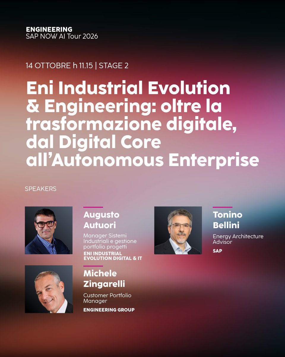 EngineeringSpa's tweet photo. Dalla trasformazione digitale all’AI: come evolvono processi, sistemi e modelli operativi delle organizzazioni?
Ne parleremo al SAP NOW AI Tour Milan 2026 attraverso due Customer Success Stories sviluppate insieme ad ARIA S.p.A. ed Eni Industrial Evolution
https://t.co/he99cEqfvW https://t.co/JgN05NBcdb