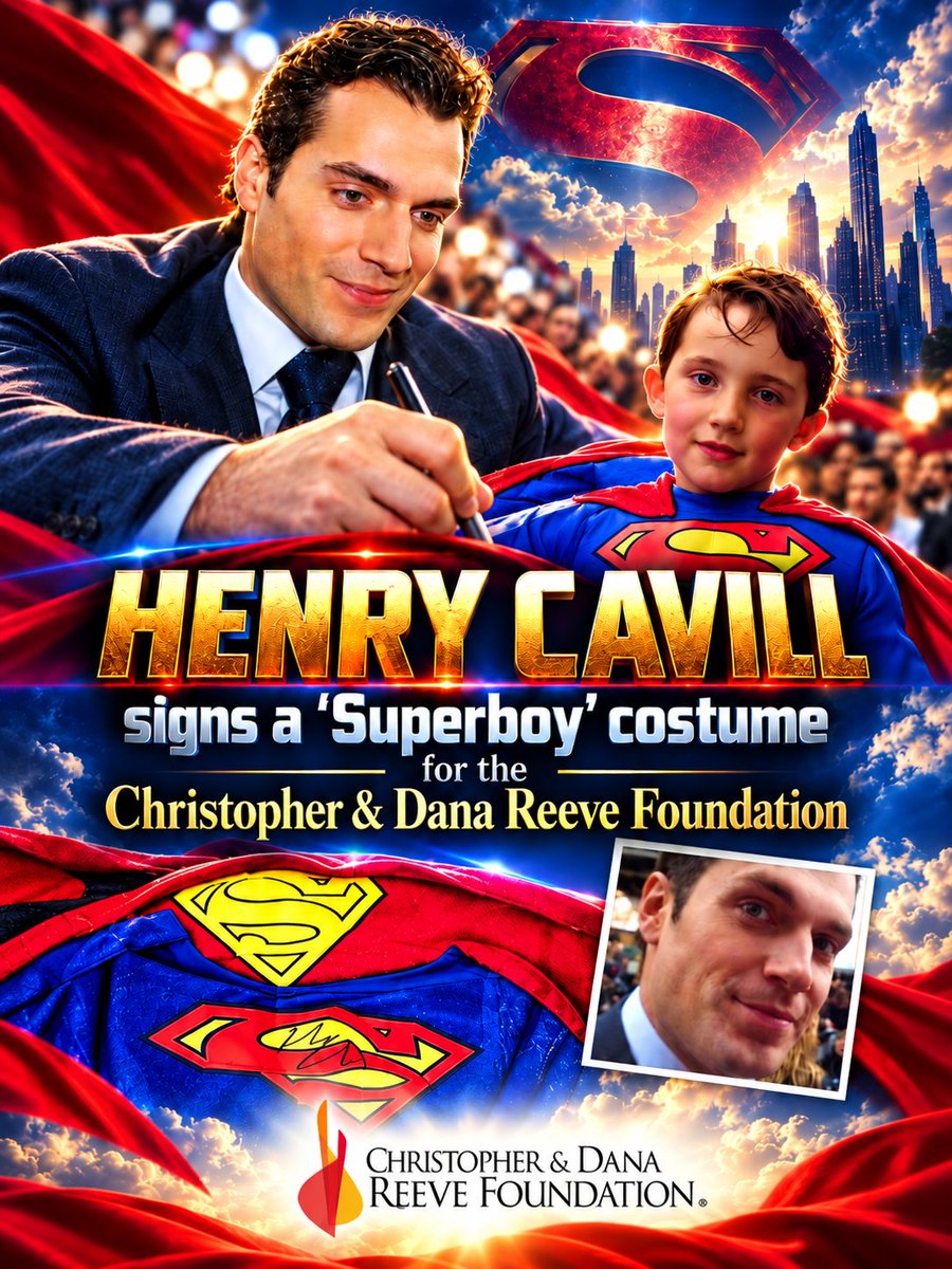 CelebCharityCin's tweet photo. #Superman HENRY CAVILL ⭐signed Superboy 🦸‍♂️💙costume donated to the Christopher &amp; Dana @ReeveFoundation ❤️🧡💛14/10/15 *11th anniversary!/ Signed @ #ManOfSteel 🦸‍♂️premiere 12/6/13 / #ChristopherReeve #TeamReeve ( by #CelebrityCharityCinema )/Video🎥here👉> https://t.co/mYwcCFqt6S https://t.co/WVeVoqJMBE