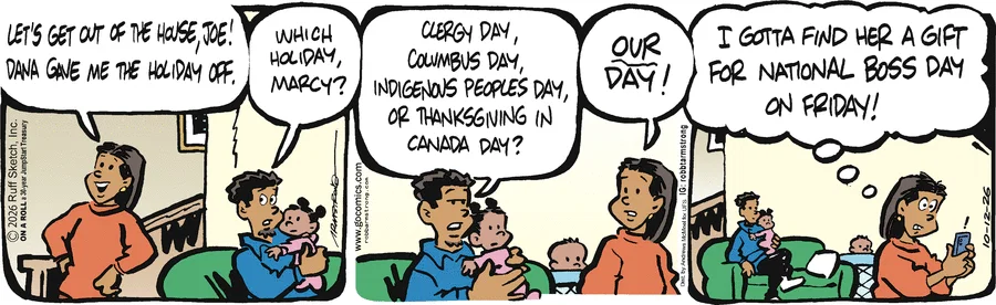 DalePederson's tweet photo. #Monday #Holiday #Celebration questioned in today's #comic "JumpStart" by #creator Robb Armstrong ... or is it #DiscoverersDay (Hawaii, et al) or #NationalDayOfSpain (Madrid, et al) or #DiaDeLaRaza (South America, et al) ... Take your pick https://t.co/MdEMLzA02p
