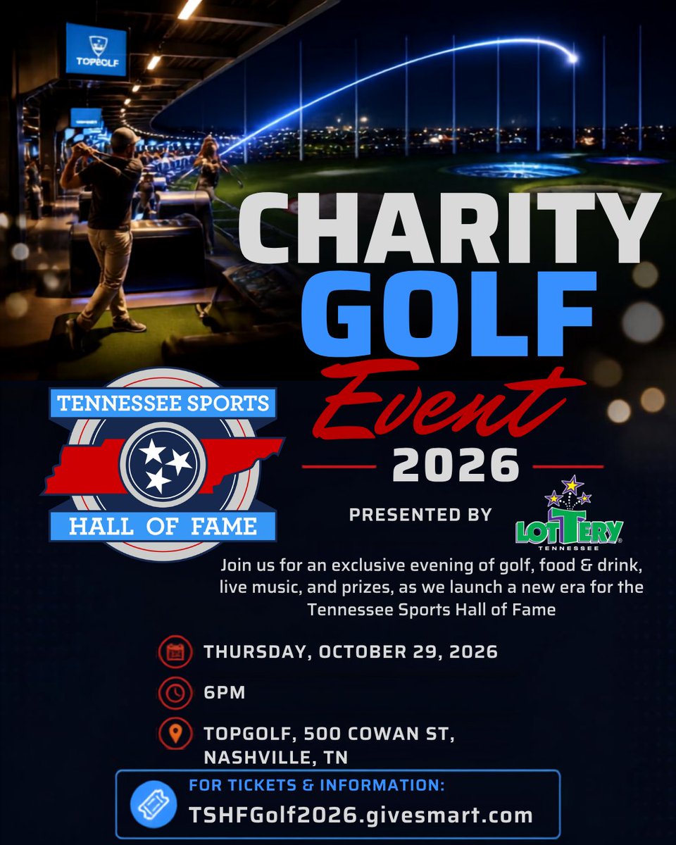 TNSportsHall's tweet photo. Golf, food &amp; drinks, live music, and awesome prizes—all in one night! 

Spots are filling up fast, so grab your ticket to support the Tennessee Sports Hall of Fame! Sponsored by the @TNLottery. 

Topgolf Nashville | Oct 29 @ 6 PM   

https://t.co/HHK2RjqrON https://t.co/ros9Iumayf