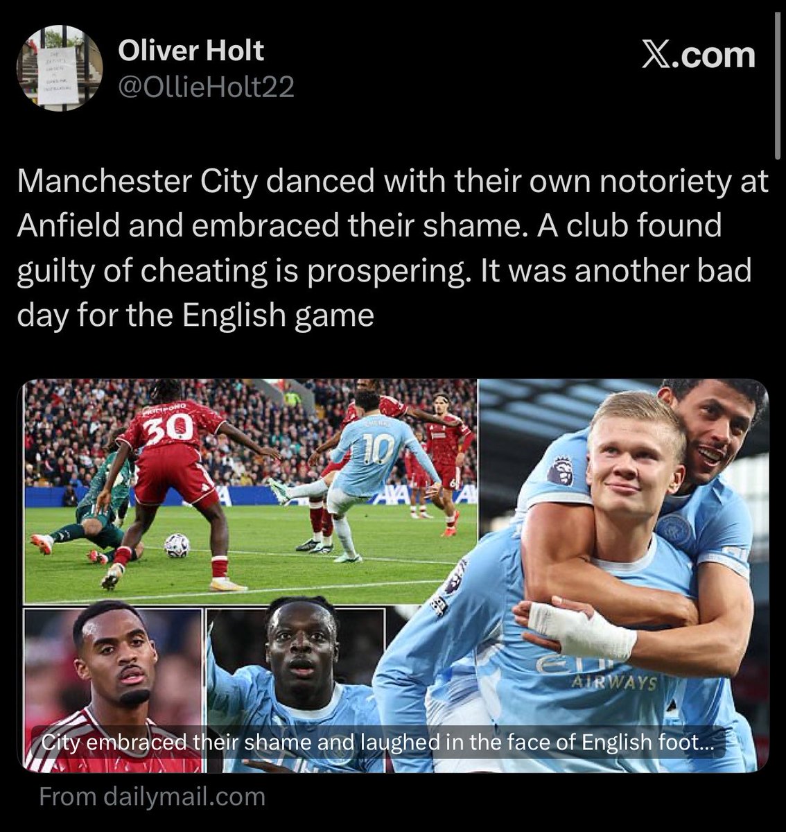 mehulg10's tweet photo. Can someone check on Oliver Holt? City has done irreversible damage to his mental wellbeing. https://t.co/zI3w7gu5Y7