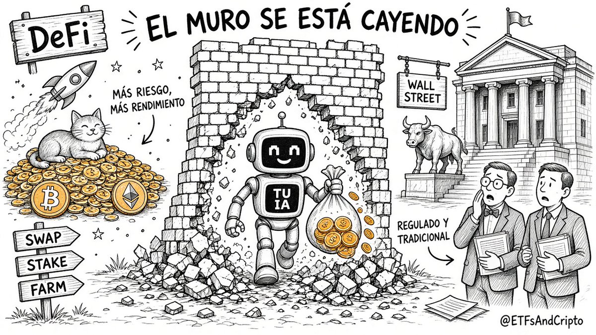 ETFsAndCripto's tweet photo. El muro entre Wall Street y crypto se está cayendo. 🧱

De un lado está DeFi: abierto a todos, 24/7, más riesgo y más rendimiento.
Del otro, Wall Street: regulado, institucional y lento.

Pronto tu IA personal va a manejar tus finanzas. Va a poner tu efectivo a trabajar, invertir por ti y hasta negociar tu hipoteca.

A esa IA no le va a importar si el rendimiento viene de un banco o de una blockchain. Va a ir a donde rinda más.

Por eso creo que el verdadero usuario de crypto no vas a ser tú. Va a ser tu IA. 🤖 #DeFi #Cripto #Bitcoin