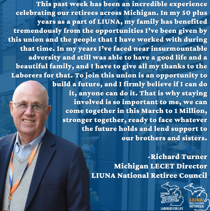 MiLaborers's tweet photo. Our #LaborersForLife Tribute Week has officially come to a close, but we wanted to share a little something from Michigan LECET Director and LIUNA National Retiree Council Member, Richard Turner. He made this past week possible, and we are all grateful for the work he has done over the years. He is a true LABORER FOR LIFE.
#FeelThePower #LaborersRising