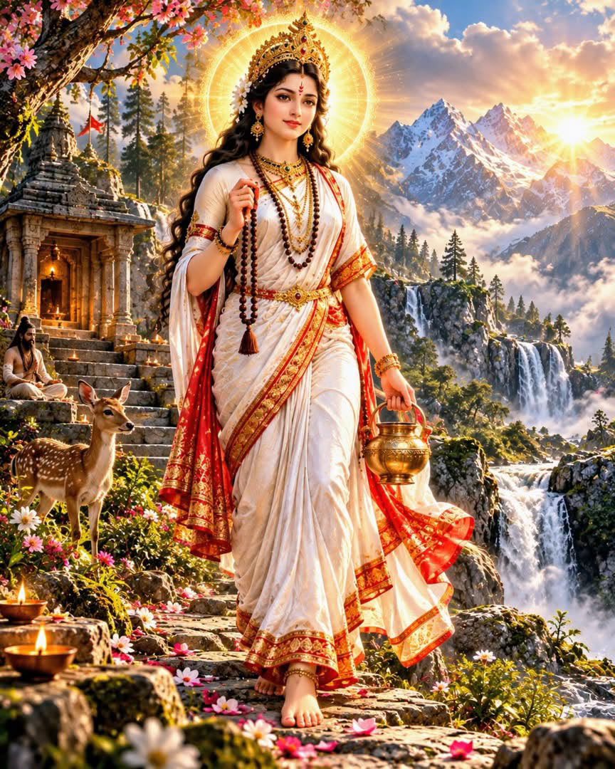 vishwananda's tweet photo. Jai Ma Brahmacharini. 
The fiercest form of Ma Bhagavati is truly this second aspect. One often thinks that fierceness is what is shown externally. But in reality, the inner fire when it burns so consumingly that it burns one’s old self completely to be reborn from the ashes into one’s divine nature, this is the fiercest form that one can achieve. Because no pain is given to others, only divine service in every way. But towards the old self, the limited ego self, the Self keeps burning itself. Can you imagine how fierce one has to be for that process to continuously go on within the heart while still maintaining every duty and kindness towards all? The inner fierceness is continuously pushed back inwards to keep the fire of purification alive. This is true Brahmacharya. It is still a misunderstood concept, true Sanyas or Brahmacharya. Someone can be fully living in the world outside yet be fully free inside, due to their intense devotion to the SatGuru’s lotus feet alone. This intense determination to burn one’s ego for the inner purity to reveal itself, this is Brahmacharya, and everyone regardless of outside duty must walk this path. It is not an easy decision to leave everything except Bhagavan, yet one is endlessly willing to pay any price. Because living separated from the true inner vision of Bhagavan is too terrible and miserable for the jeevatma. This was the state of Ma Brahmacharini. There was an intense inner fire to attain the Lotus Feet that were hidden within her atma. She herself burned everything else within her. Her fierce focus shook the three worlds. This is the intensity and fierceness of focus a bhakta should have. The whole self must burn with love with Bhagavan, until nothing is left but that Love alone. May Ma Brahmacharini help everyone realize this infinite fire of love within the heart. Blessings. | Om Aim Brām Brahmachāriṇyai Namaḥ ||