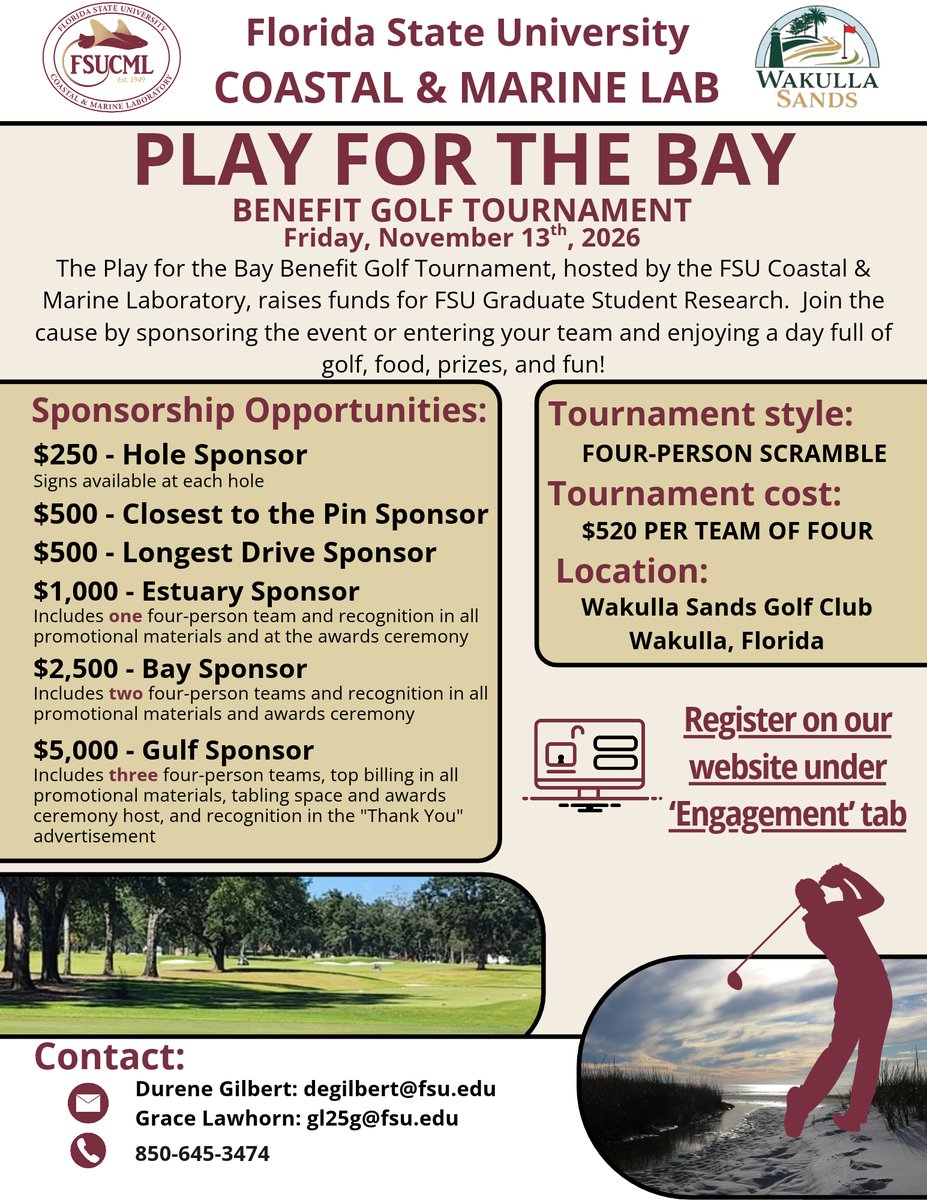 FSUMarineLab's tweet photo. Join FSUCML's 5th Play for the Bay Golf Tournament on Nov 13 at Wakulla Sands! Support FSU research preserving Florida's bays! 🌊🔬 ⛳🏌️ https://t.co/W95anYQO9E #fsu #fsucml #golftournament #playforthebay https://t.co/5S7mz7xvKn