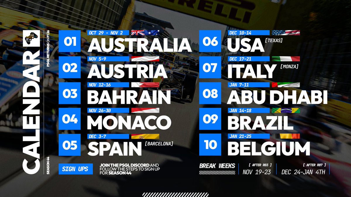 PremierSimGL's tweet photo. Season 44 calendar 🔥

10 races featuring Monaco as per traditions, whilst Monza makes a return. Round 1 on October 29 📅

Sign-ups are now OPEN, join the Discord: https://t.co/5XLolNDUhl

#PSGLS44 https://t.co/j3JiTXsI4h