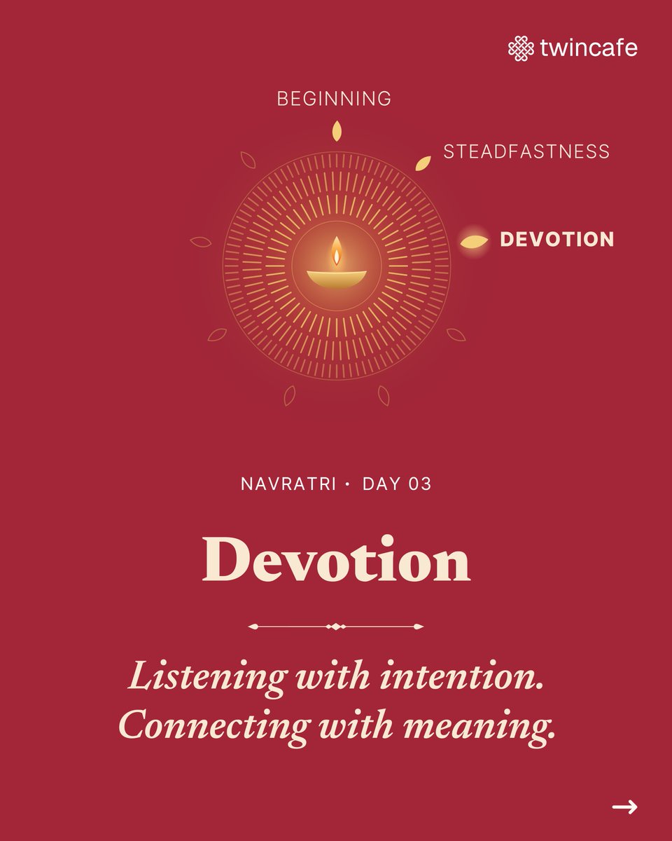 twincafe_com's tweet photo. Navratri · Day 3 · Devotion 🪔

As we honour Maa Chandraghanta today, we celebrate devotion: the intention behind every action, and the meaning we find in every connection.

Devotion takes many forms. It’s in the dedication of an artist and the vision of a leader. It’s in the care we put into our work, and our commitment to keep learning.

Today, we celebrate women on TwinCafe who live it every day.

Swipe to meet them, and scan or tap the link below to start a conversation. 

Every connection opens a new possibility. Vijayadashami brings a new beginning. Stay with us. 🪔

https://t.co/WkQAnjakTK

#NavGuna #Navratri #MaaChandraghanta #Devotion #NineVirtues #TwinCafe #DigitalTwins #MeaningfulConversations